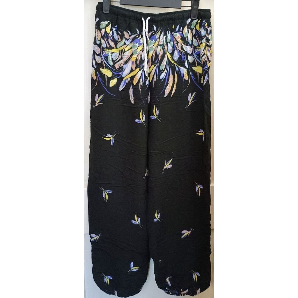 Urban Coco Women's Black Feather Print Palazzo Pants Elastic Waist Boho Lounge L